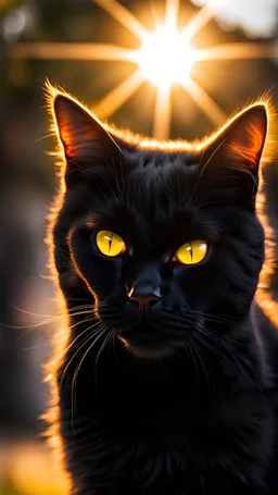 Черный кот с желтыми глазами светится от лучей солнца