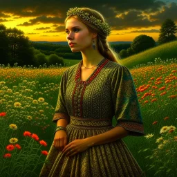 Scandinavian women, midsummers eve, traditional, pagan, painted, digital painting, 24k, high resolution, highly detailed, ornate, meadow with flowers and trees, art by Manuel Sanjulian