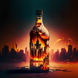 a broke bottle with a city on flames