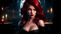 Full Body Portrait Of Disney Ariel, Gorgeous Red Hair, Big Wide Set Eyes, Cute Nose, Big Pouty Lips, Unique Moody Face, Femme Fatale, Black dress and stockings with a dagger strapped to her theigh at a dangerous tavern, Cinematic Detailed Mysterious Sharp Focus High Contrast Dramatic Volumetric Lighting,:: dark mysterious esoteric atmosphere :: digital matt painting by Jeremy Mann + Carne Griffiths + Leonid Afremov, black canvas, dramatic shading, detailed face
