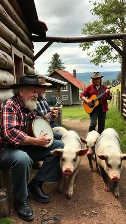hillbillies, My father and I and my brother and mother play the banjo, lot of pigs running around in Vilske Kleva village