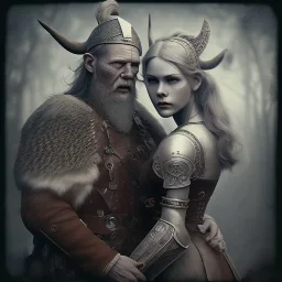 old viking with his zombie wife, scary, steam punk, realistic, made in octane, cinematic, ultra-realistic, extremely detailed octane rendering, 8K, VRAY Super Real ar 2:3, dof photorealistic futuristic 50mm lens hard lighting dark gray tintype photograph, realistic lighting, sepia color