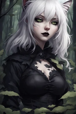 CAT GIRL, goth, forest, nature, cartoon, leaves, boobs, portrait, colour image, white hair