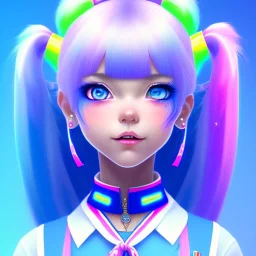 blue hair woman, pigtails, teenager, smile, purpurin, school dress, white shirt, ribbon, gradient color, BLUE, PINK, CYAN, neon, insanely detailed, 16k resolution, perfect eyes, cinematic smooth, intricate detail