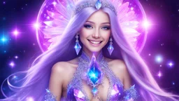 beautiful bright fairy cosmic women with cosmic long straight hair, crystal jewel and dressed with a magic crystal suit. she has light make up and a sweety smile