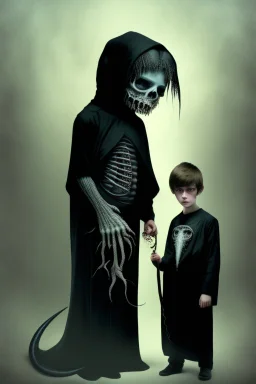 7 year old boy, necromancer, friendly, looks dead,with a long lamprey emerging from his belly , wearing black robes, in the style of H.R. Giger