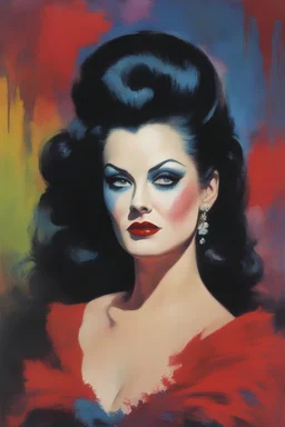 Yvonne De Carlo as Dracula - with a single white streak in her hair, extremely colorful, multicolored paint splattered wall in the background, oil painting by Frank Frazetta