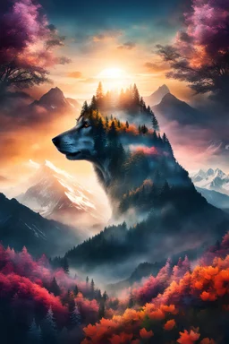 double exposure human nature, trees, flowers, mountain, sunset, nature mind, impressive creative art, surreal concept art, ethereal landscape in the cloud of magic coming from the top of the wolf's head, incredible details, high quality, flawless composition, masterpiece, extremely detailed, photorealistic, 8k sharp focus surrounding quality