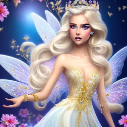 fantasy fairy with transparent wings, smiling, make up, long platinum blond hair with crown and flowers, blue eyes, gold dress