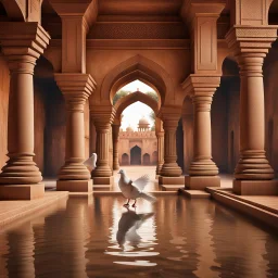 Hyper Realistic Photographic-View Of Dove Sitting On The Surface of a Traditionally-Crafted-Water-Fountain inside Traditional Rajasthani Fort With Traditional-Brown-Pillars & Traditional-Hallway showing dramatic & cinematic ambiance.