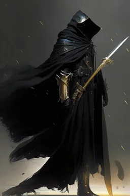 A commander with a black cloak and a long coat with long combat boots and a long spear with his Helmet is golden under his cloak like assasins