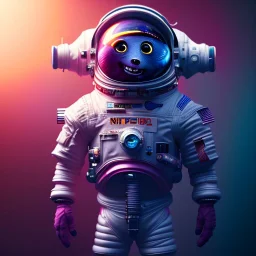 pixar style anamorphic cute cyberpunk astronaut floating in space, smiling, full body, magenta puffer jacket, dramatic lighting, hyper realistic, unreal engine 5, 16k, background:space