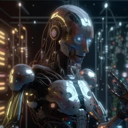 The Ai Robots recreate humans after the disappearance, high tech in a lab, sparklcore Dystopian Designer antique human cyborg, holding A Christmas NFT , elements: iridescent glass filaments, pearlescent filigree, iridescent sheen, gloss, shiny, hyper realistic, ultra detailed, —ar 16:9