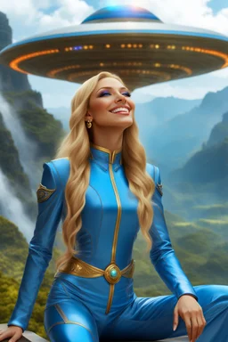 cosmic woman smile,beautiufos rainbow, admiral from the future, galactic confédération, fine whole face, crystalline skin, expressive blue eyes,rainbow, smiling lips, very nice smile, costume pleiadian, Beautiful tall woman pleiadian Galactic commander, ship, perfect datailed golden galactic suit, high rank, long blond hair, hand whit five perfect detailed finger, amazing big blue eyes, smilling mouth, high drfinition lips, cosmic happiness, bright colors, blue, pink, gold, jewels, realist,