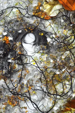 abstract creation of a beautiful girl with black curly hair, surrounded by black roses, thick metal chain broken, glass petals on the ground, autumn colours,dried out thorn bush, chaos,