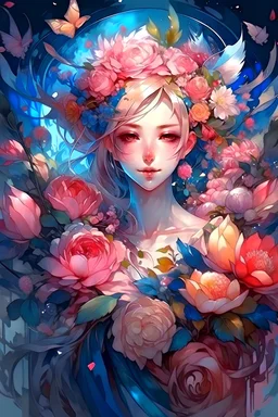 Abstract watercolor anime art of a magical girl surrounded by flowers, 8k, stunning intricate details, by artgerm