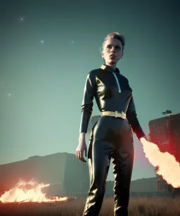 retro sci-fi portrait image from 1960, supermarket parking explosion, fire, young Scarlett Johansson, classic black tight lycra latex suit, gold bracelet and belt, soft color, highly detailed, unreal engine 5, ray tracing, RTX, lumen lighting, ultra detail, volumetric lighting, 3d, finely drawn, high definition, high resolution.