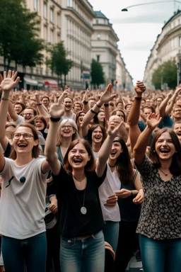 on a wide boulevard of a city, a huge crowd of people of all ages, smiling and joyful with their hands in the air.