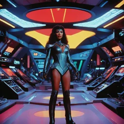 A vibrant, hyper-saturated 35mm film still from a lost 1970s Star Trek episode, directed by Ken Russell in a high-steroid, hallucinatory fervor. The young Madonna, reimagined as a defiant Klingon icon, stands in the cluttered, dimly lit, neon-washed Engineering section of a Klingon Bird-of-Prey. She wears rugged, black and red Klingon engineering underwear and harness (ribbed textures, leather, metal clasps), revealing her muscular, powerful physique. She has messy, dark braided Klingon hair, pr