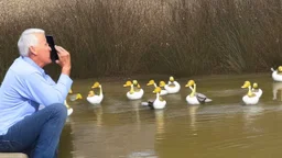 confused older man on the phone trying to get the ducks to leave