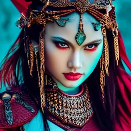 beautiful asian queen with black leather studded armor, delicate cyan braided hair, green glass eyes, highly detailed, 8k, ambient light, taylor swift