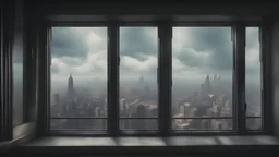 The disciples look out of the window, with worried expressions, while the camera moves to show the silent, empty city outside, symbolizing the uncertainty of the future hyper realism, cinematic, UHD, 8K
