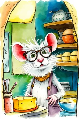 SKETCH WATERCOLOR PASTEL COLOURS - “Mr. Whiskers McStreusel old mouse inside his magic cheese shop, a wiry fellow with wild white hair and glasses so large they practically covered his whole face.”