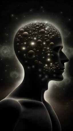 make a version of the origins of man picture but showing a human formed from atoms swirling back into the shape of a human with a sequence of people