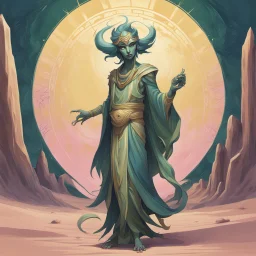 Bordered digital art of a Desert Djinn 10, in the style of torat and art deco, with olive green, pastel pink, rich blues and Shimmering golds accents. Fantasy art. High quality, masterpiece. Dungeons And Dragons