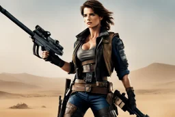 Cobie Smulders as female version of Mad Max , holding a rifle ,in a full body dynamic pose