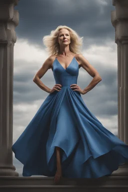 Powerful classical portrait of a traditional blonde queen in her late 50s wearing a blue dress standing in a powerful position a little zoomed out