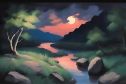 Night, rocks, river, mountains, japanese manga style, ferdinand georg waldmuller, and friedrich eckenflder impressionism paintings