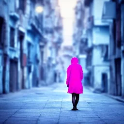 Beautiful lonely girl who walks along a street without people at dawn. You see her from behind. She is Blue very short dressed. She has pink short hair with glowing crystals. Full body, 8k resolution concept art. Professional Photo HD. Stylish. Warm vivid colors. Panoramic