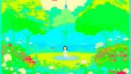 An illustration by Miyazaki and Monet of yogis practicing surrounded by blooming flowers and lush vegetation.