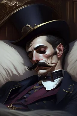 Strahd von Zarovich with a handlebar mustache wearing a top hat and taking a nap