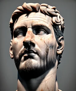 Gran angular, Realistic image, roman sculpture, marble material, Lionel Messi, Laurel wreath model, miguel angel style, emperador, God light, god rays, 4k resolution, real details, ornate details, soft lighting, unreal engine 5, soft cyan background.