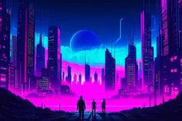 retrowave cyberpunk city, moon, clouds, people, sci-fi, epic