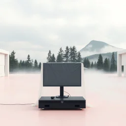 A super high definition photo of an open space with white structures and a large computer screen. A transparent tarpaulin covers an image resembling a ruined building. There is a group of fir trees in the background and a high hill in the distance. The surface below is in a pastel color. Fog is present.