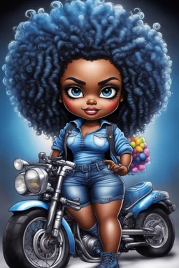 create an airbrush illustration of a chibi cartoon voluptuous black female wearing a blue jean outfit with a tie dye tshirt with biker boots. Prominent make up with hazel eyes. Extremely highly detail of a tight curly black and shiny afro. Background of a bike show