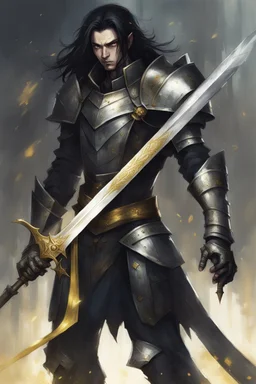 dnd character fantasy paladin knight, weathered plate armour, guilded effects, long black hair, gloomy expression, pale perfect face, serious moody eyes, drawn full portrait in the style of Nobuyoshi Araki