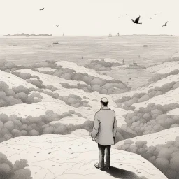 a alone man. pen and ink, birds eye view, illustrated by hergé, Background space and earth