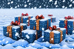Picture of presents with crypto wrapping paper, snow falling in the background, 1 bitcoin button on the gifts