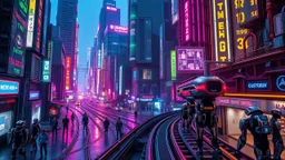 A vibrant cyberpunk city where every building and street is integrated with advanced robotics and automation. Neon lights reflect off the metallic surfaces of robotic pedestrians, and automated vehicles zip through the air along magnetic tracks. Award-winning photograph, beautiful composition, exquisite detail and illumination