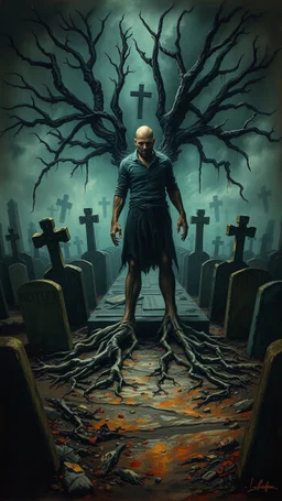 Bosch painting style nightmare, a man with legs looks like tree roots , in a graveyard , dramatic sad scene, fantasy,