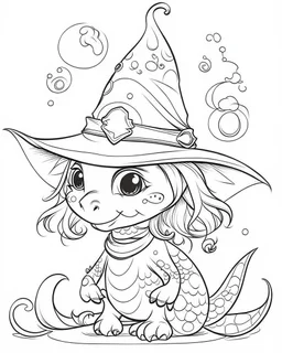 coloring pages for kids, semi-cartoon motif of a little dragon character, witch hat, white background, anime, illustration, dark fantasy, painting, cartoon style, thick lines, low detail, black and white, no shading, --ar 85:110