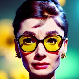 Audrey Hepburn with yellow flowers for hair, face detailed, closed eyes, rtx, reflection, 8k, glow, winning photography, caustics