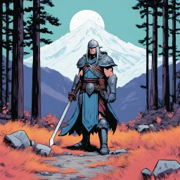 [illustration by Andrew MacLean in the comics Head Lopper style with Kupka's pixel colour palette] realistic photo 8k of the one, in the middle of nowhere