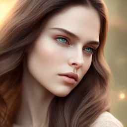 woman with Light-brown long hair, dark fantasy setting, ethereal, soft lighting, soft green-brown eyes, big cheeks, medium forehead ,wide chin,