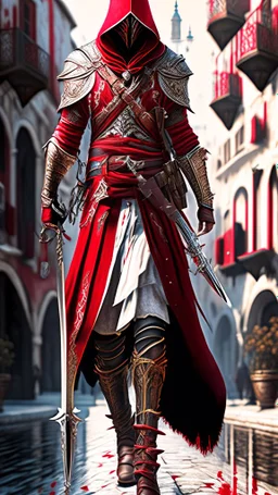 Assassin creed con dagas y espadas detalles en los pantalones en el pecho y en las botas caminando por Venezia capa arte digital hiperdetallado detalles intrincados obra de arte blanco rojo 8k