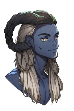 A tieffelin with blue skin and white Dreadlock hair. His pupil-less eyes are green. He wears a small beard.